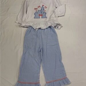 Boutique 2 Piece Toddler Girls Outfit Whimsical Castle Princess Blue And Pink